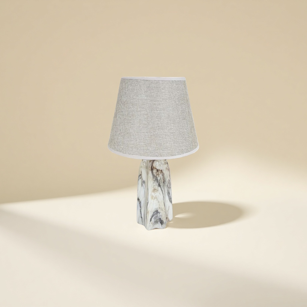 A beige fabric lampshade paired with a marble-patterned lamp base table lamp Specification image