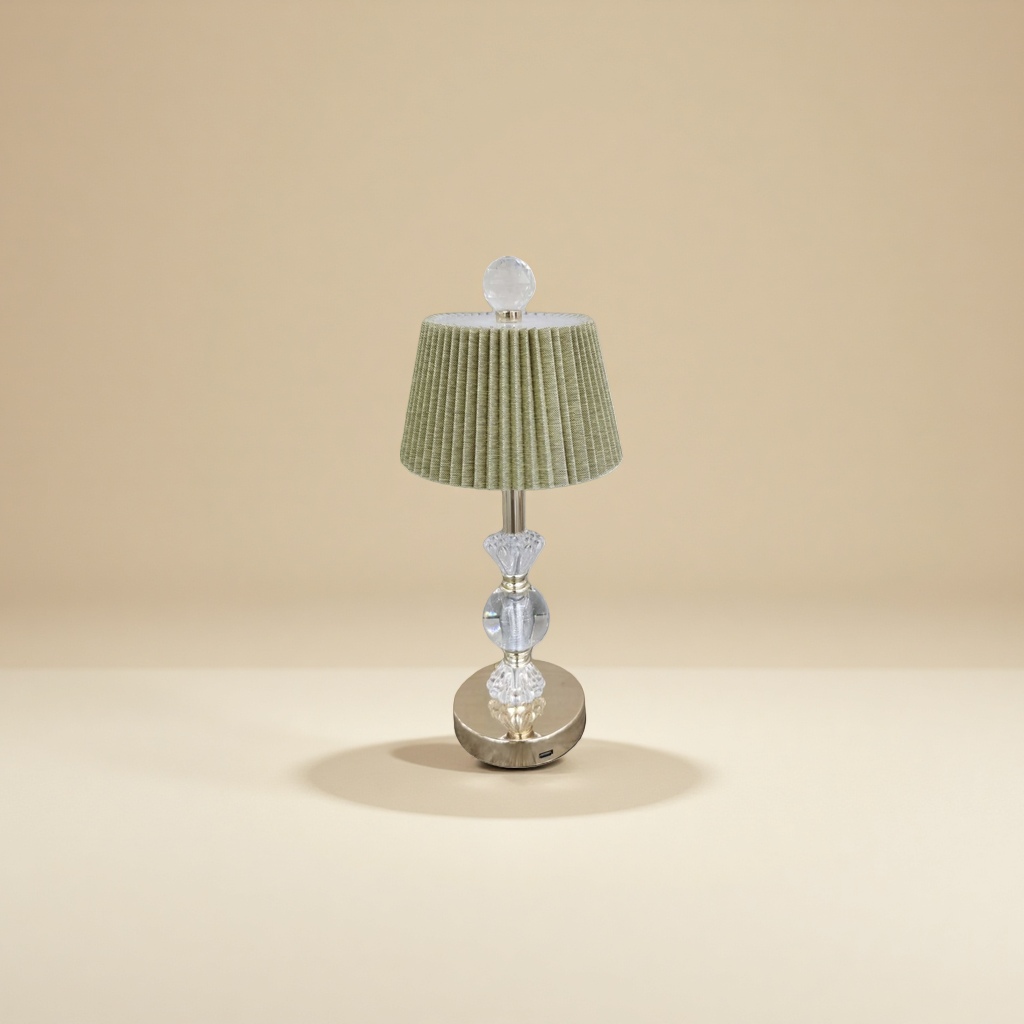 Green pleated lampshade crystal table lamp, Nordic minimalist bedside reading table lamp