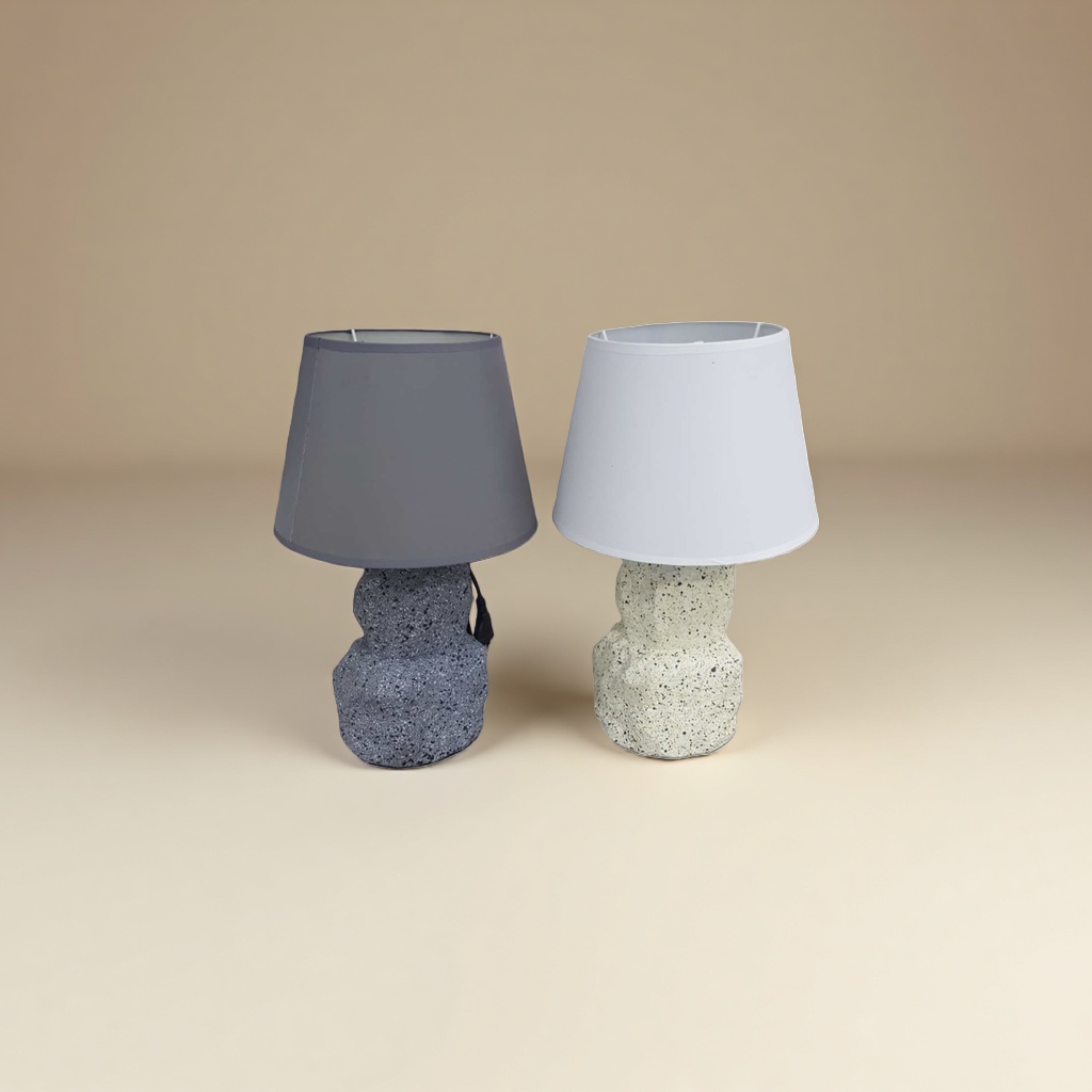 Grey lampshade with grayish-white spots on the base table lamp, white lampshade with beige spots on the base table lamp