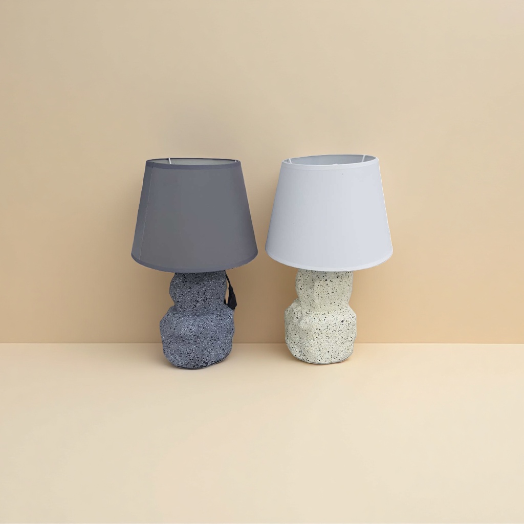 Grey lampshade with grayish-white spots on the base table lamp, white lampshade with beige spots on the base table lamp details Picture