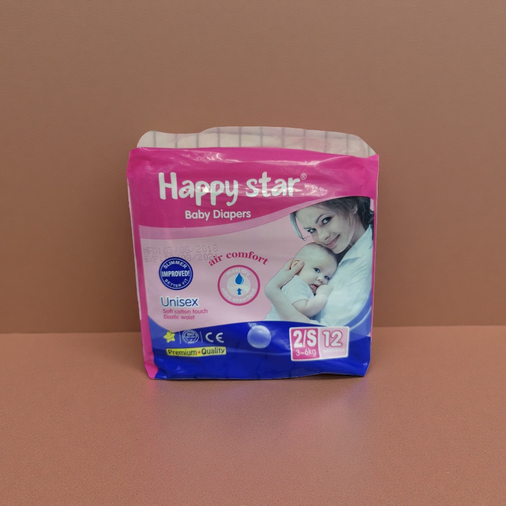 粉色包装的Happy star婴儿尿布，为粉蓝配色，印有母亲抱婴图案及“Unisex”“air comfort”等字样产品图