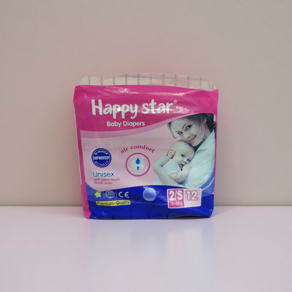 粉色包装的Happy star婴儿尿布，为粉蓝配色，印有母亲抱婴图案及“Unisex”“air comfort”等字样细节图