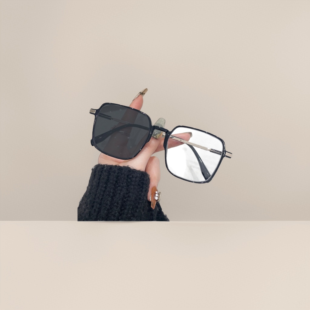 A before-and-after comparison display of black square spectacle frame color-changing lenses Application Scenario