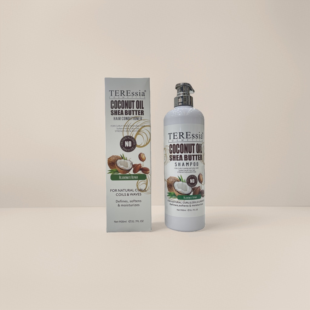 TEREssia Coconut shampoo, coconut oil shampoo, white bottle with silver pump head, white packaging box Application Scenario