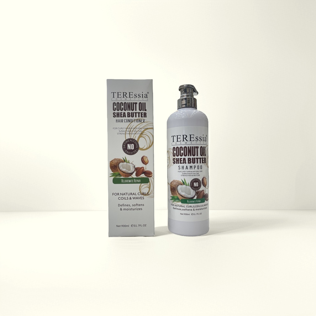 TEREssia Coconut shampoo, coconut oil shampoo, white bottle with silver pump head, white packaging box