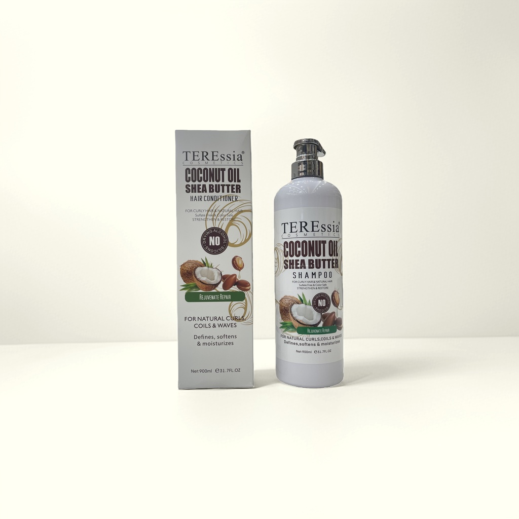 TEREssia Coconut shampoo, coconut oil shampoo, white bottle with silver pump head, white packaging box details Picture