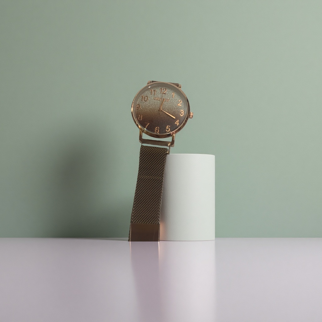 Rose gold case, gradient dial and metal mesh strap watch details Picture