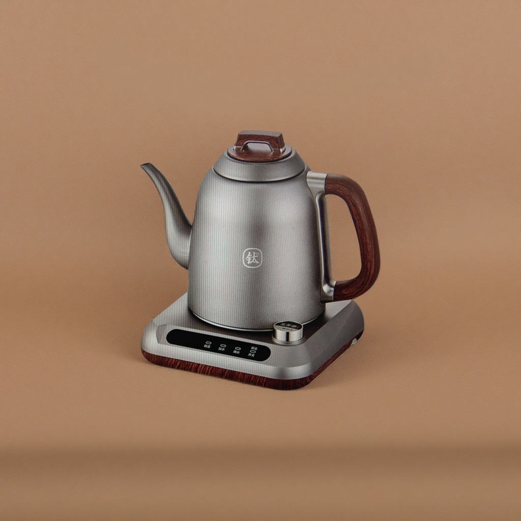 The silver electric kettle with a wooden handle lid knob and a black control panel base details Picture