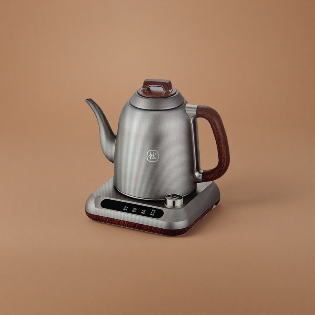 The silver electric kettle with a wooden handle lid knob and a black control panel base Application Scenario