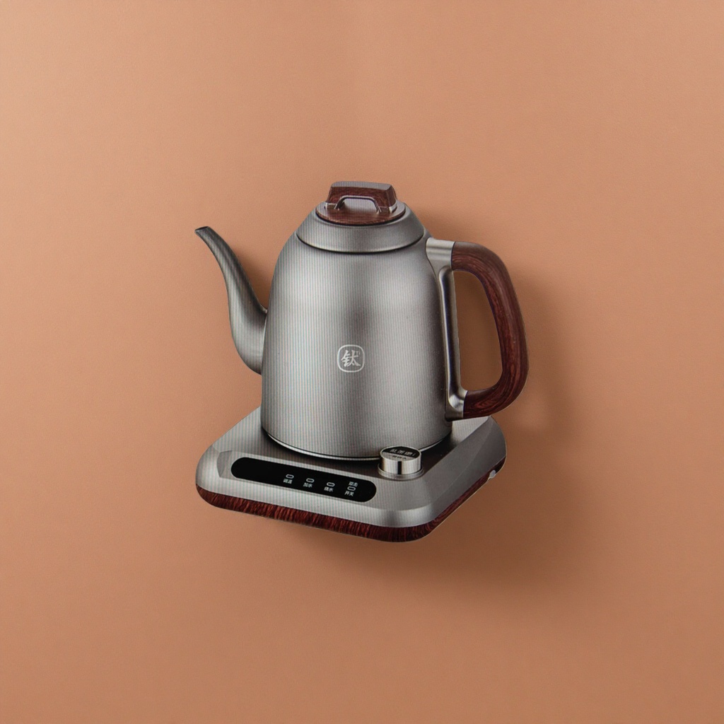 The silver electric kettle with a wooden handle lid knob and a black control panel base Specification image