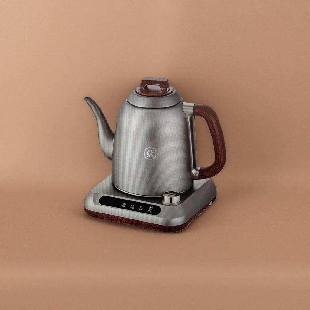 The silver electric kettle with a wooden handle lid knob and a black control panel base