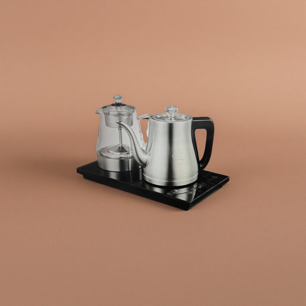 Silver electric kettle and glass tea set for home use, water boiling and tea brewing combination Application Scenario