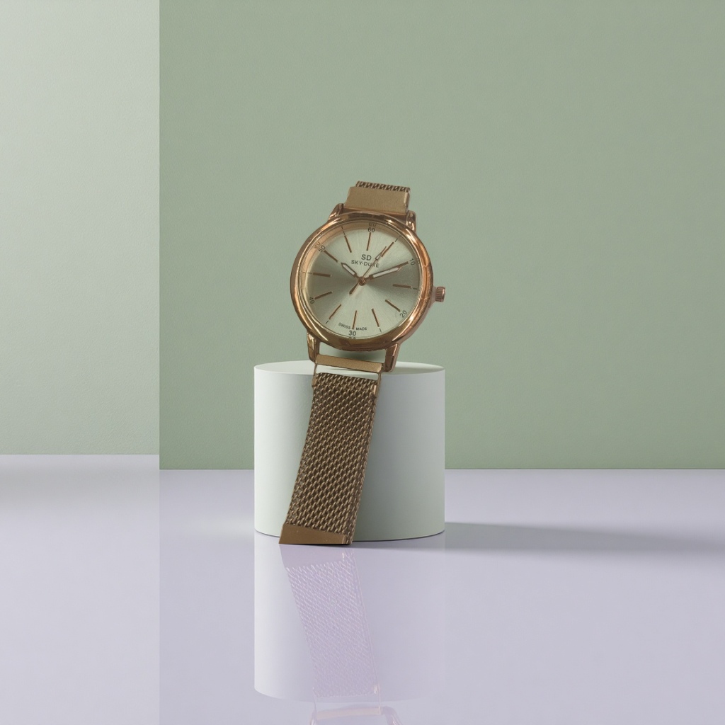 This gold case, silver dial and metal mesh strap watch is fashionable, simple and suitable for both men and women for business and casual use