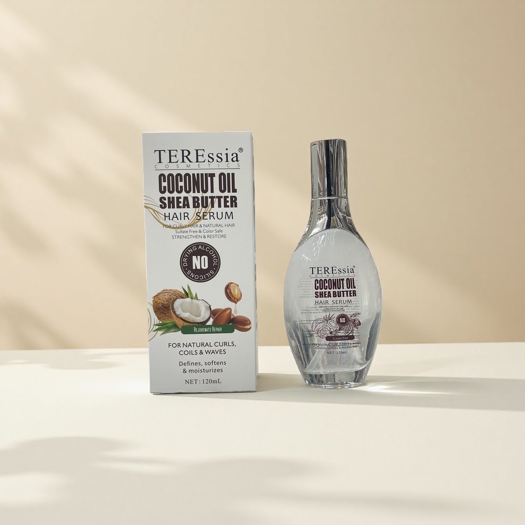 TEREssia coco cuidado del cabello aceite esencial de coco cuidado del cabello aceite de pelo botella de vidrio transparente caja blanca Specification image