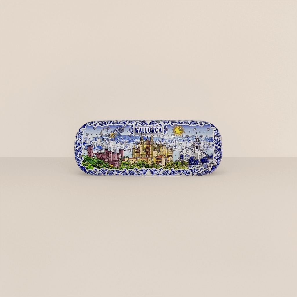 The blue and white patterned Mallorca city landscape glasses case features a church, castle, sun and heart-shaped pattern details Picture
