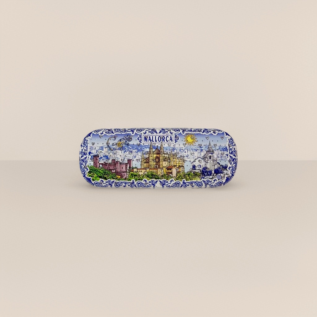 The blue and white patterned Mallorca city landscape glasses case features a church, castle, sun and heart-shaped pattern Specification image