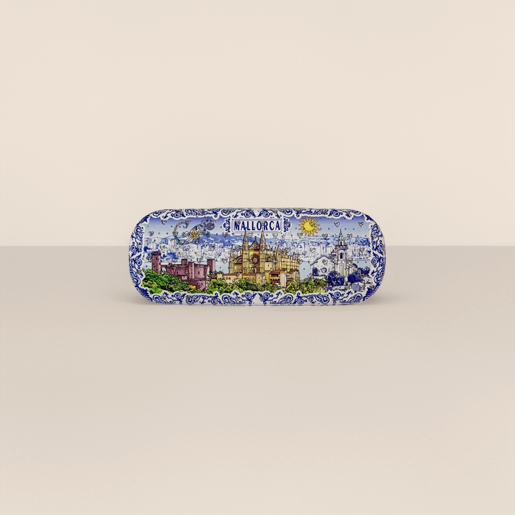The blue and white patterned Mallorca city landscape glasses case features a church, castle, sun and heart-shaped pattern Application Scenario