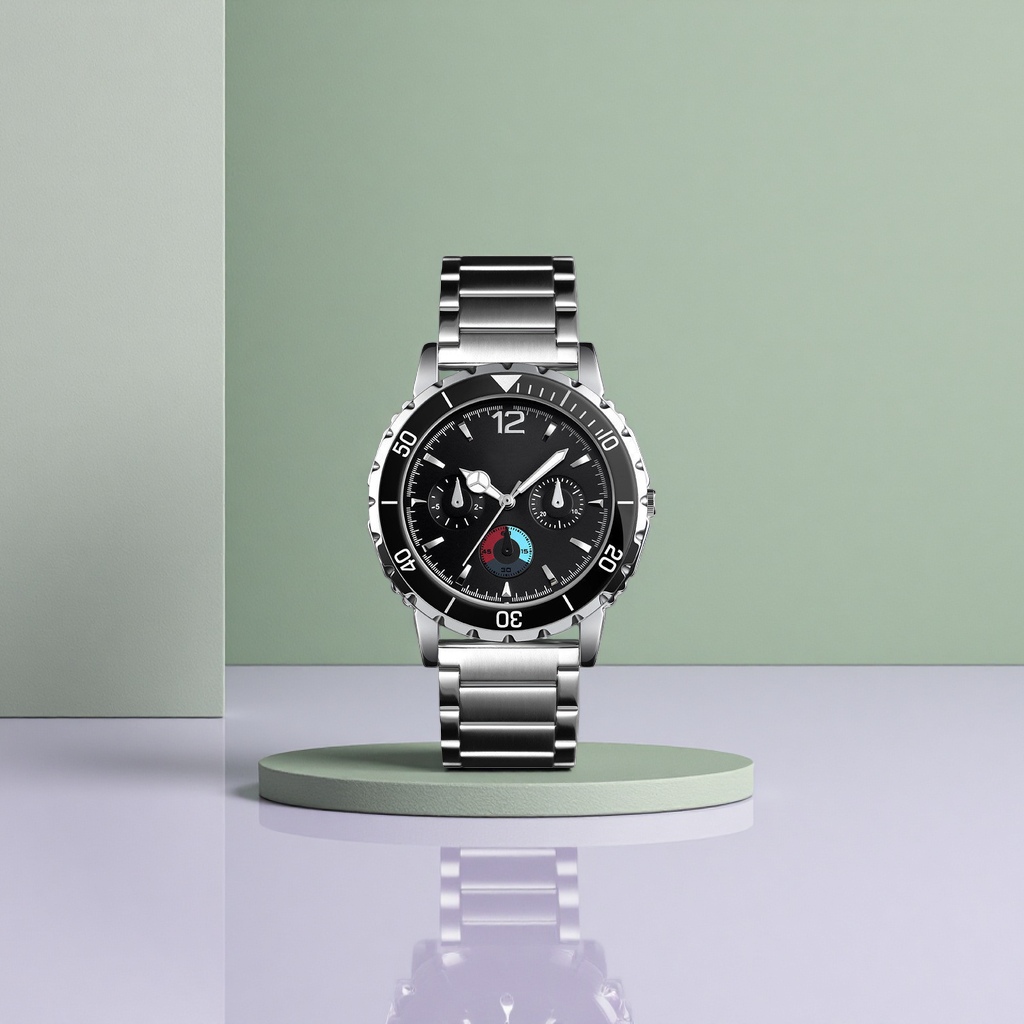 Men's quartz watch with a black dial and a silver metal strap