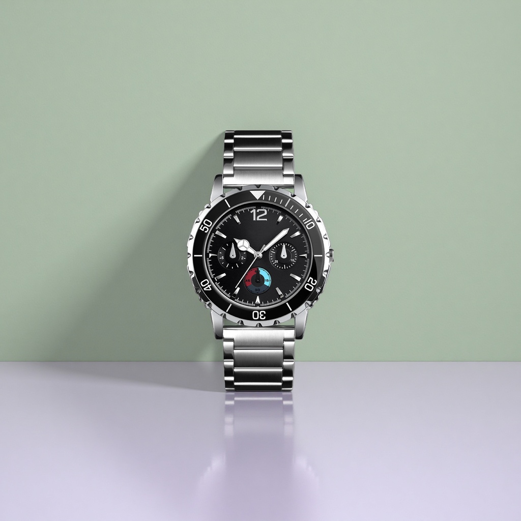 Men's quartz watch with a black dial and a silver metal strap Specification image