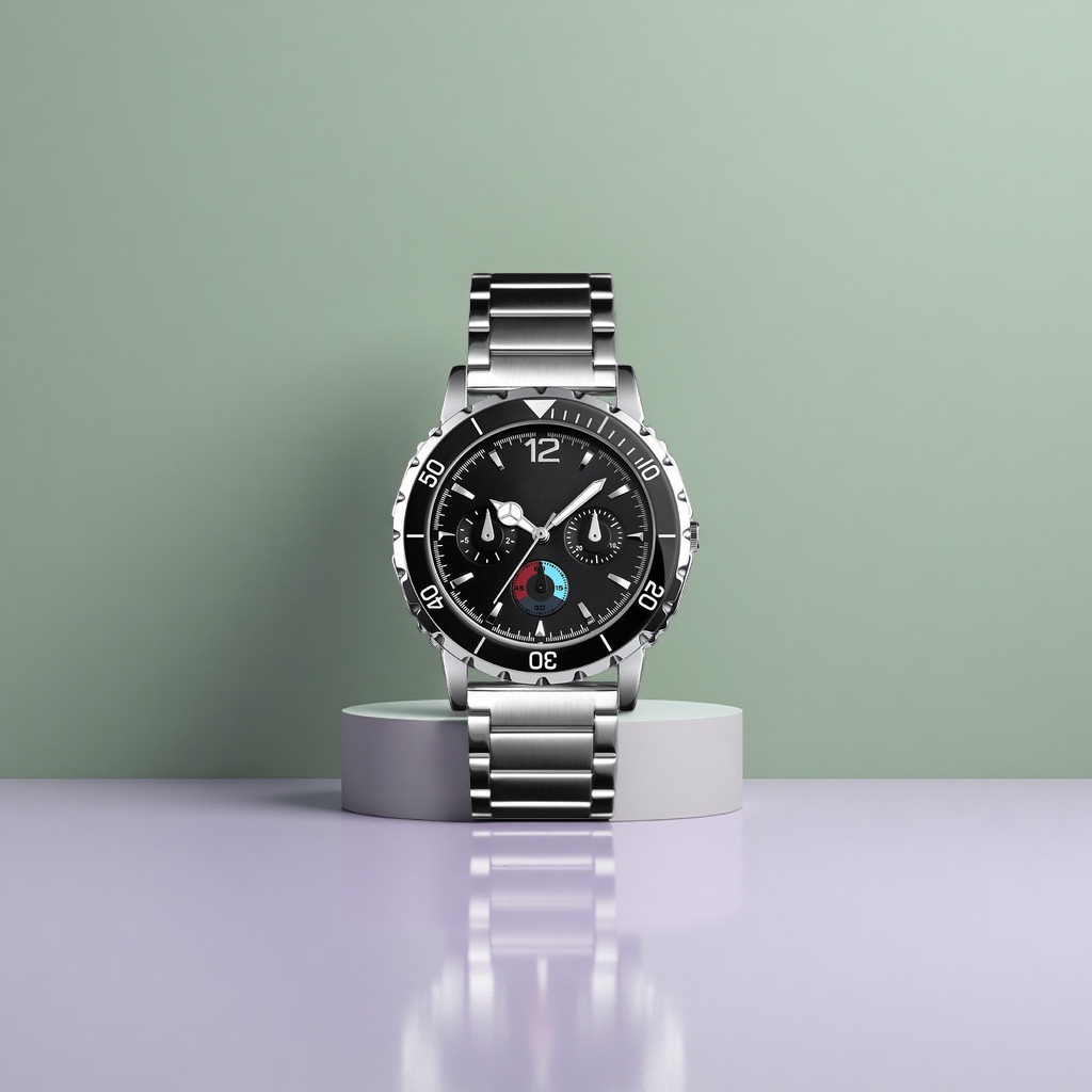 Men's quartz watch with a black dial and a silver metal strap details Picture