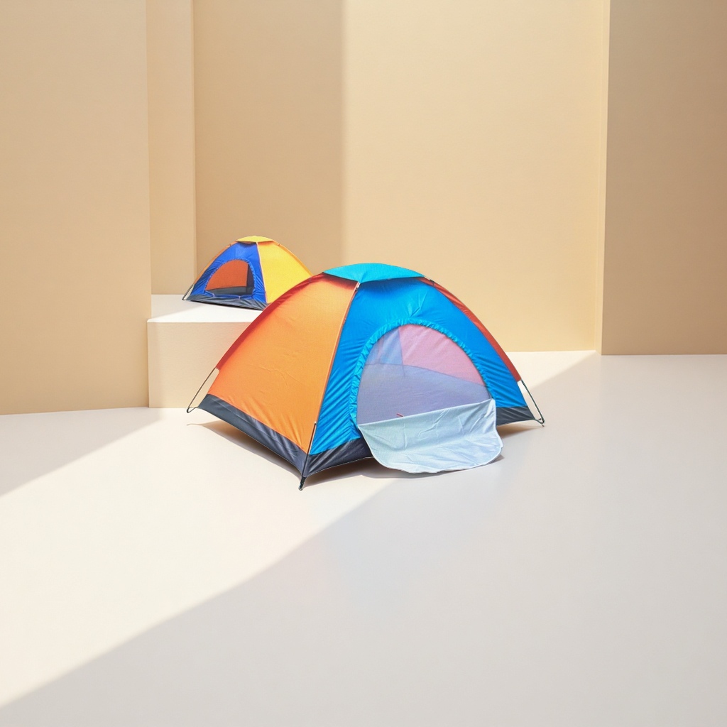 Orange and blue striped outdoor camping tent, waterproof and windproof portable double tent Application Scenario