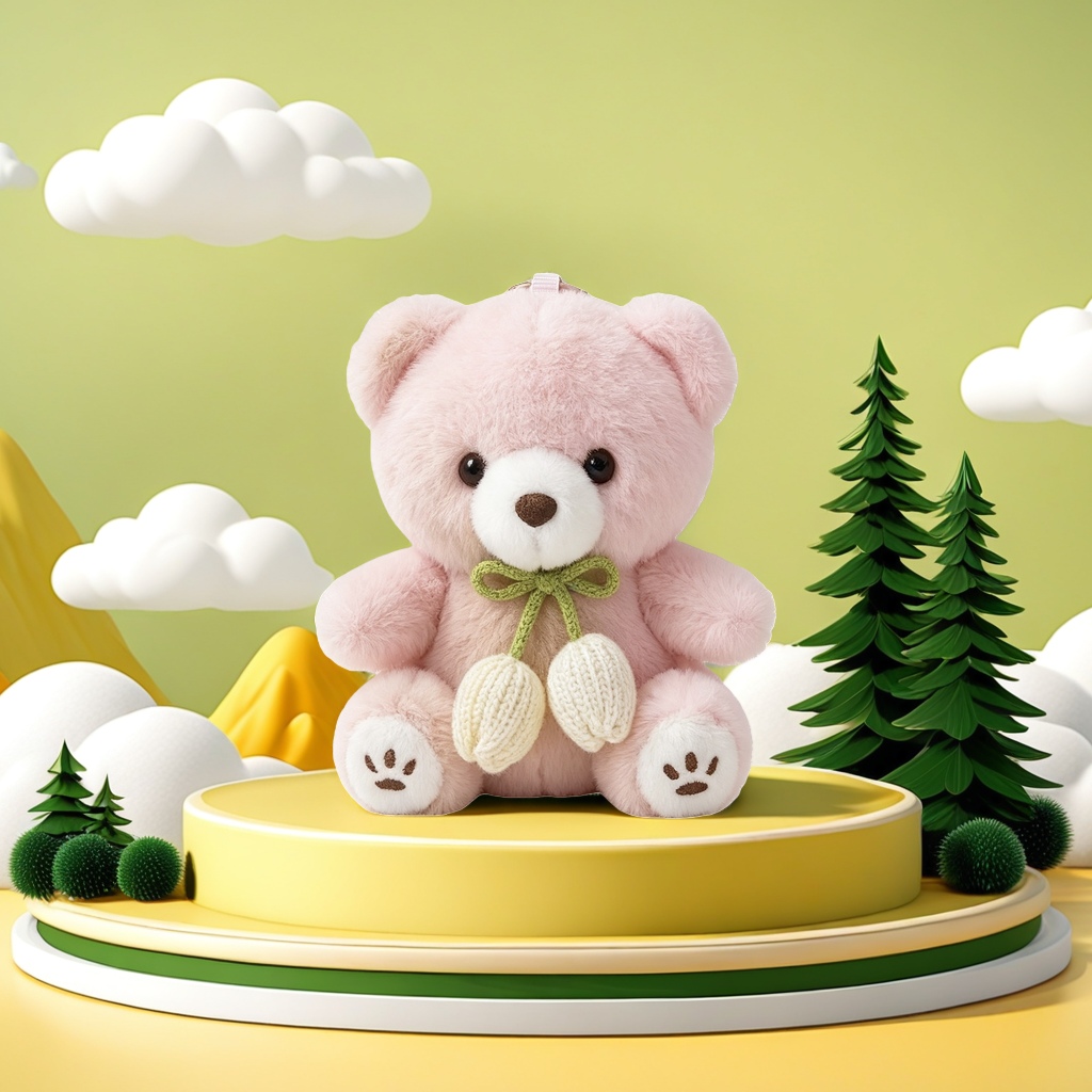 Pink plush bear sitting doll, green knitted bow, white tulip decoration, brown paw print, top hanging ring