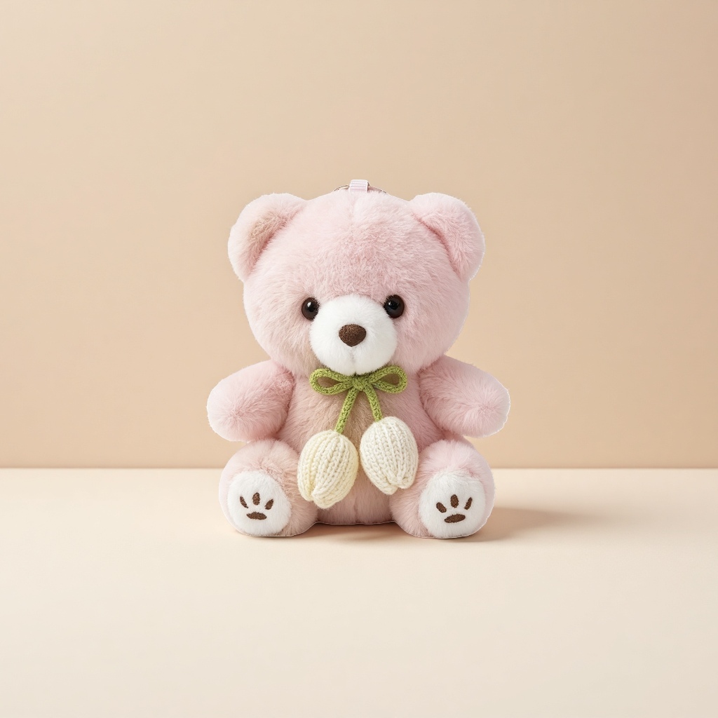 Pink plush bear sitting doll, green knitted bow, white tulip decoration, brown paw print, top hanging ring details Picture