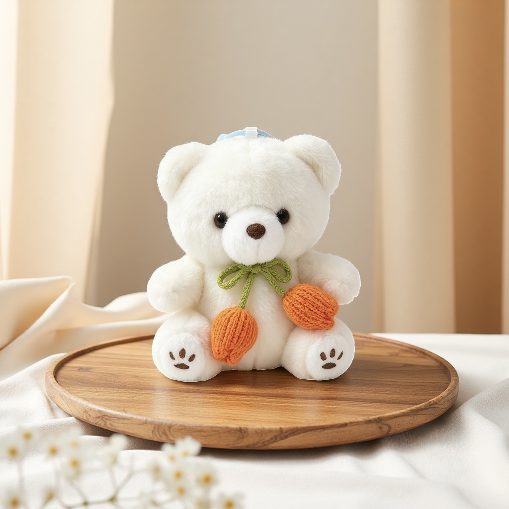 Pink plush bear sitting doll, green knitted bow, white tulip decoration, brown paw print, top hanging ring Specification image