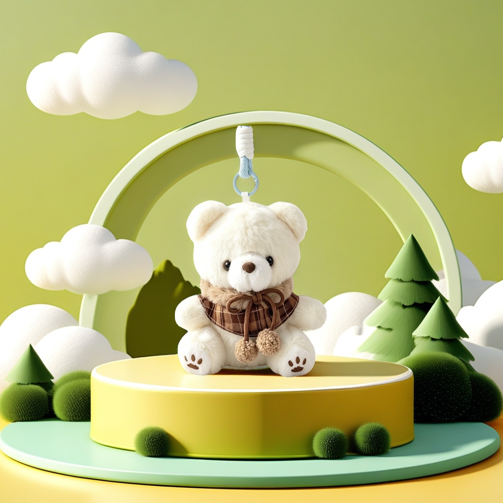 The white plush bear pendant is cute and adorable. The keychain bag is decorated with plush toys
