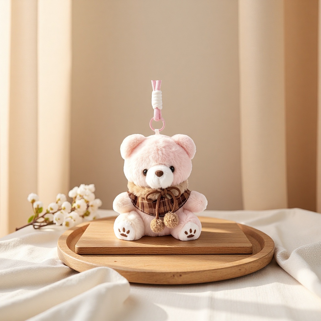 The white plush bear pendant is cute and adorable. The keychain bag is decorated with plush toys Specification image