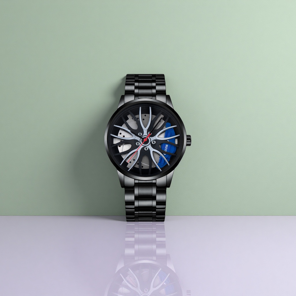 A men's fashionable wristwatch with a black strap, dial, wheel hub and blue caliper pattern details Picture