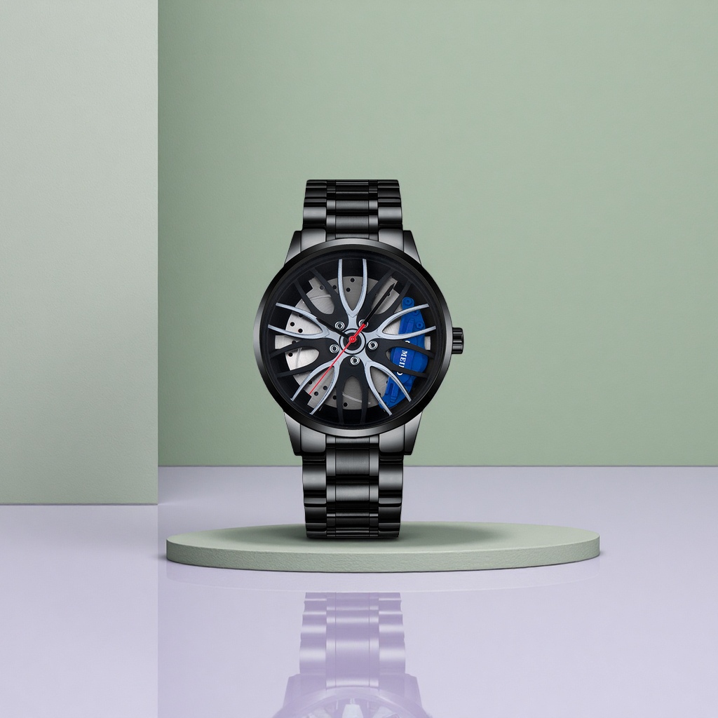 A men's fashionable wristwatch with a black strap, dial, wheel hub and blue caliper pattern