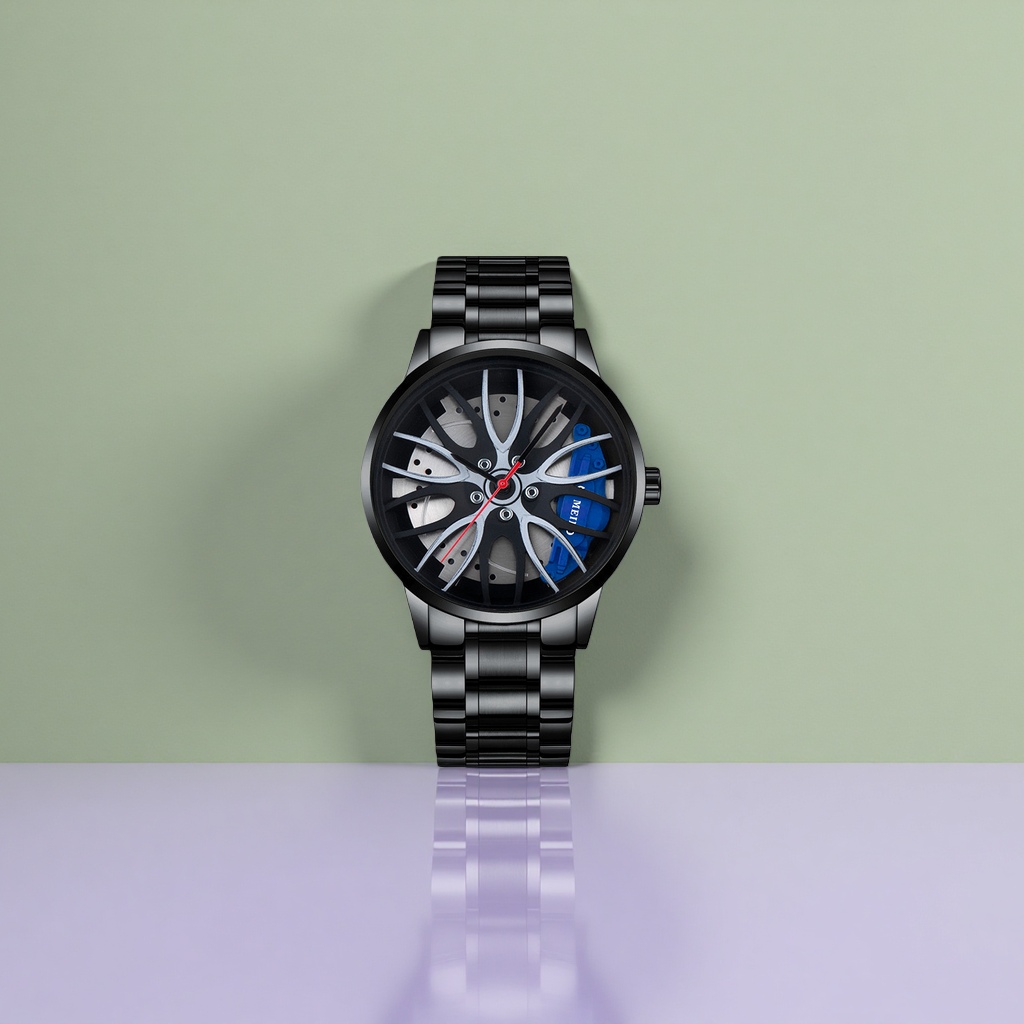 A men's fashionable wristwatch with a black strap, dial, wheel hub and blue caliper pattern Application Scenario