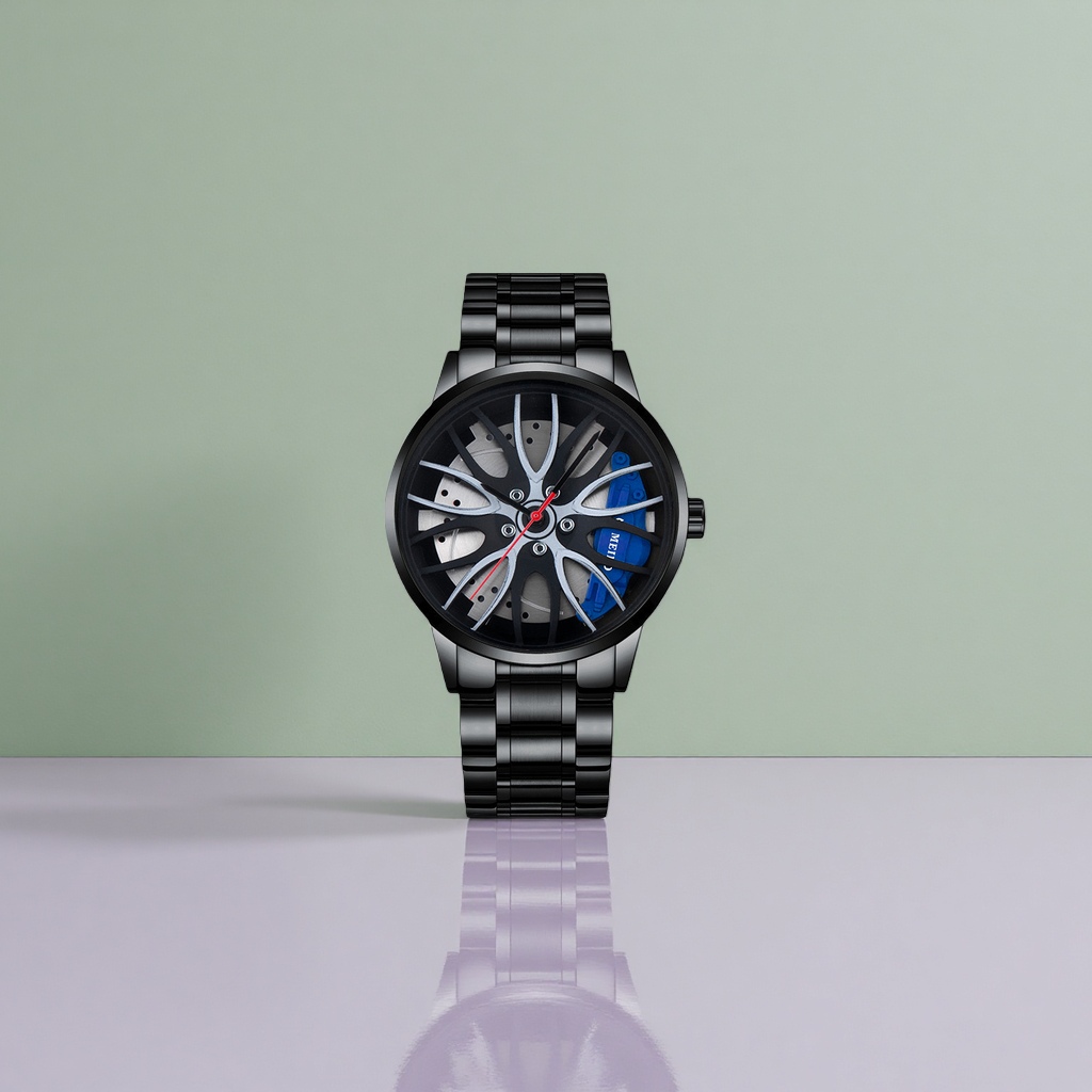 A men's fashionable wristwatch with a black strap, dial, wheel hub and blue caliper pattern Specification image