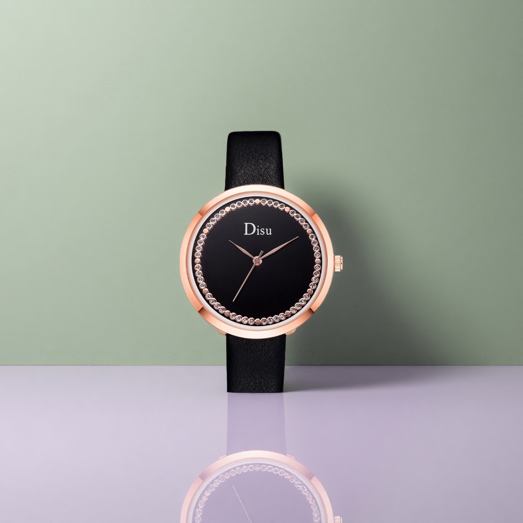 A ladies' watch with a rose gold case and black dial, set with diamonds details Picture