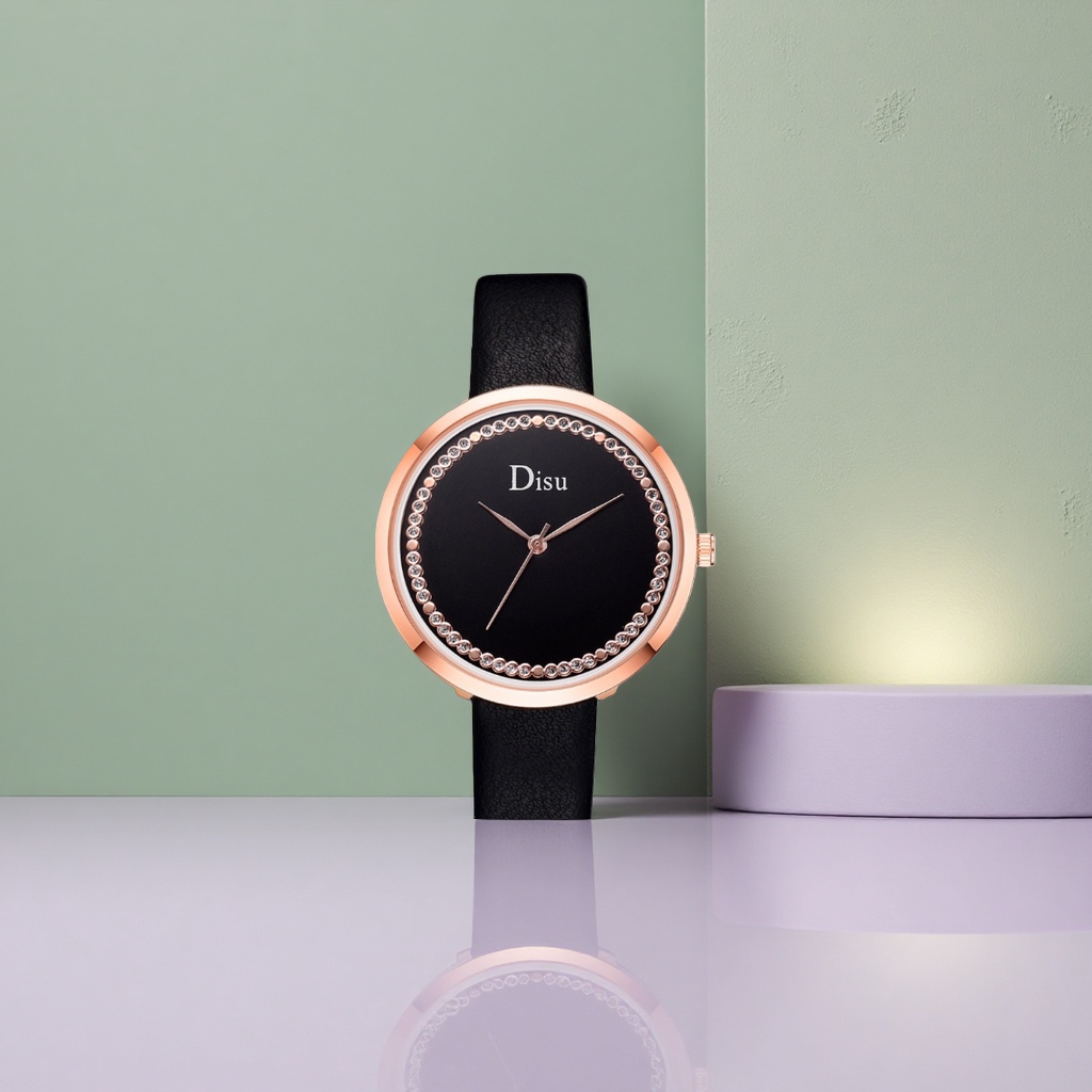 A ladies' watch with a rose gold case and black dial, set with diamonds Specification image