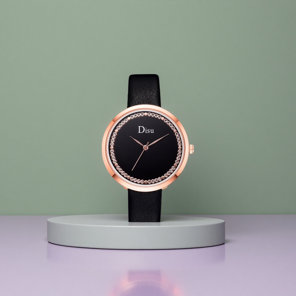 A ladies' watch with a rose gold case and black dial, set with diamonds Application Scenario