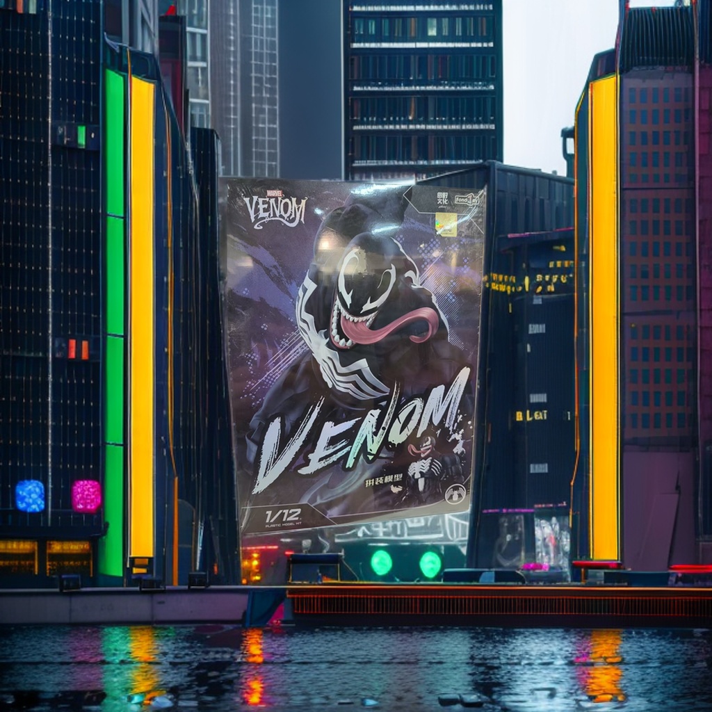 黑色包装盒上的毒液（Venom）拼装模型，1/12比例塑料模型套件细节图