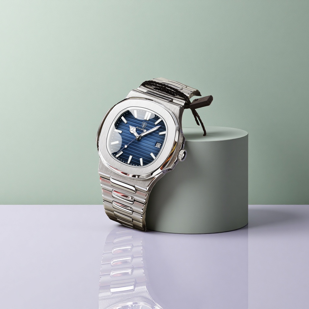 Men's watch with a silver metal case and a blue dial Application Scenario