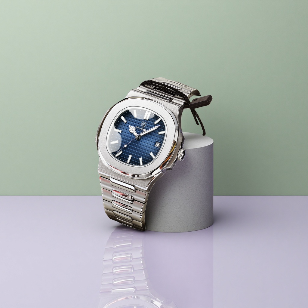Men's watch with a silver metal case and a blue dial details Picture
