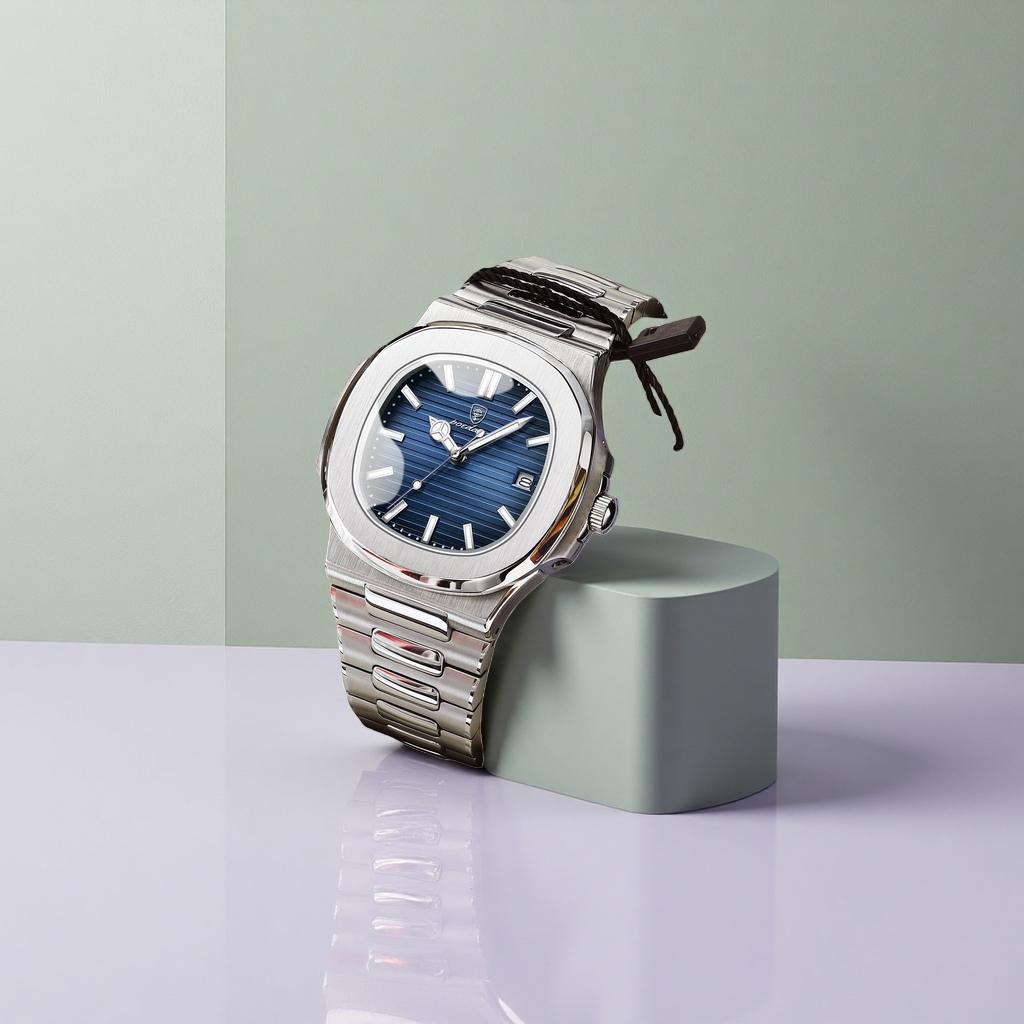 Men's watch with a silver metal case and a blue dial
