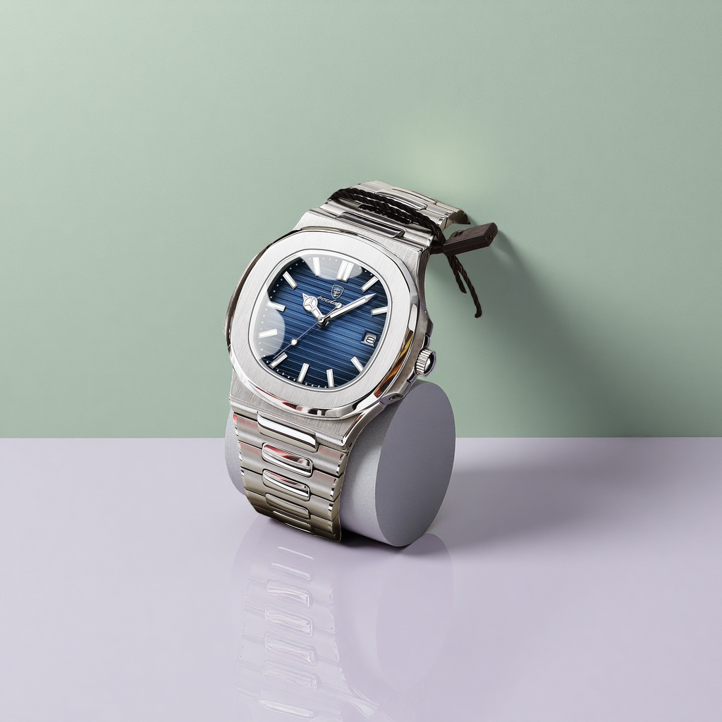 Men's watch with a silver metal case and a blue dial Specification image