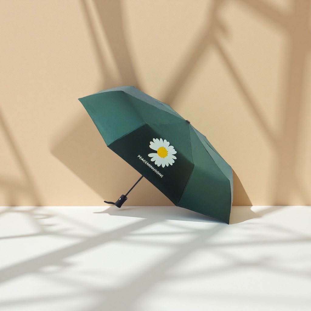 绿色雨伞 伞面白色雏菊图案 PEACEMINUSONE字样