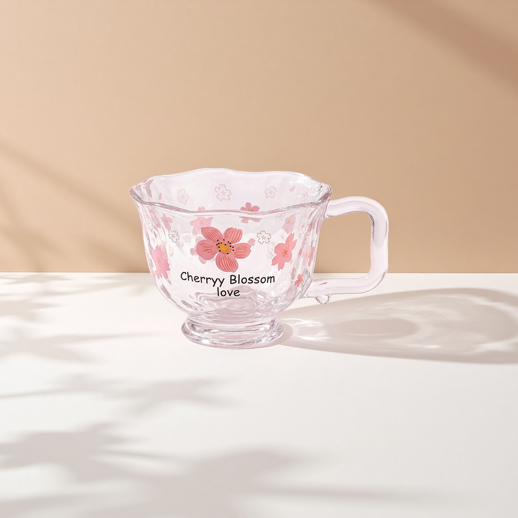 透明玻璃樱花杯 高硼硅耐热茶杯水杯家用办公简约风