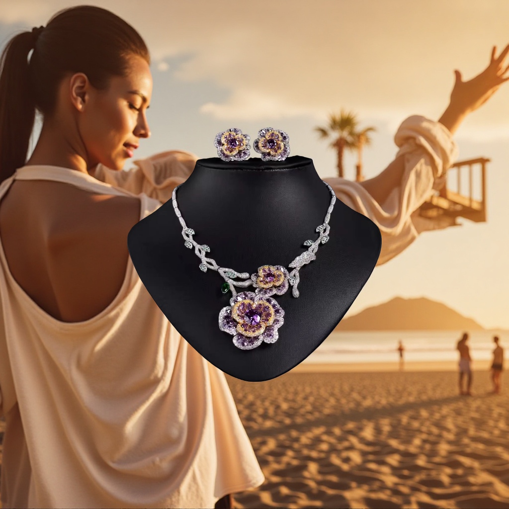 Purple flower jewelry set necklace and earrings couple accessories gift box details Picture
