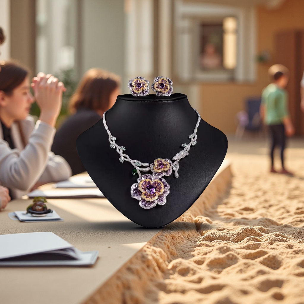 Purple flower jewelry set necklace and earrings couple accessories gift box