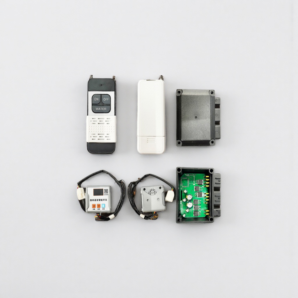 Black remote control, white casing, black receiving module, green circuit board, grey smart switch, grey wired sensor Application Scenario