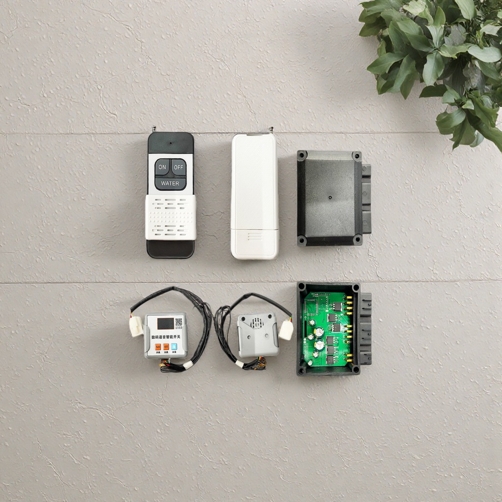 Black remote control, white casing, black receiving module, green circuit board, grey smart switch, grey wired sensor details Picture