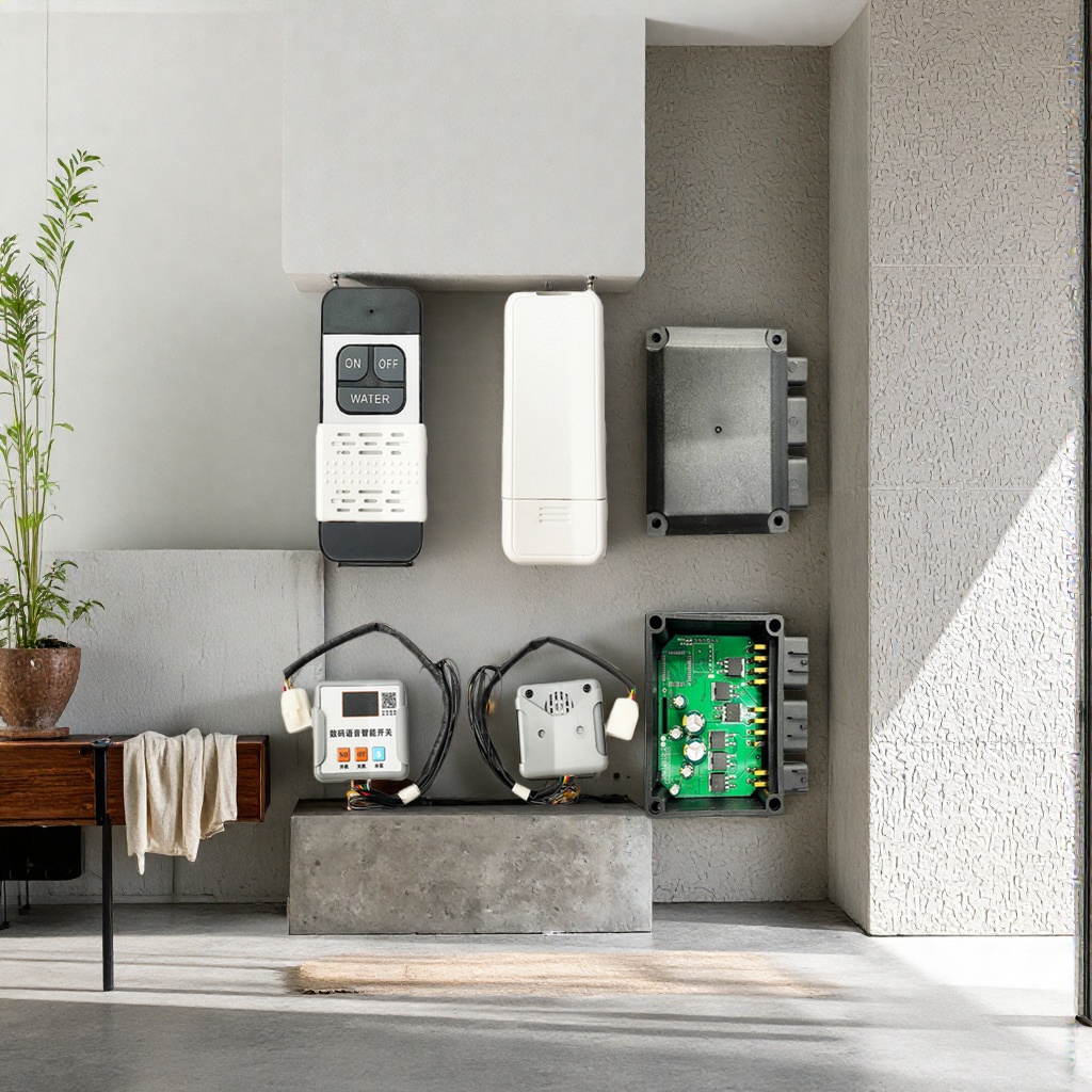 Black remote control, white casing, black receiving module, green circuit board, grey smart switch, grey wired sensor Specification image