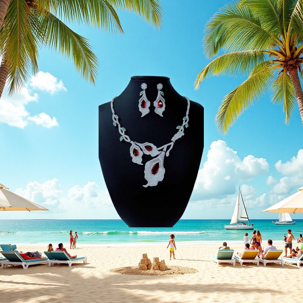 Silver diamond-encrusted red and green gemstone leaf-shaped necklace and earring set